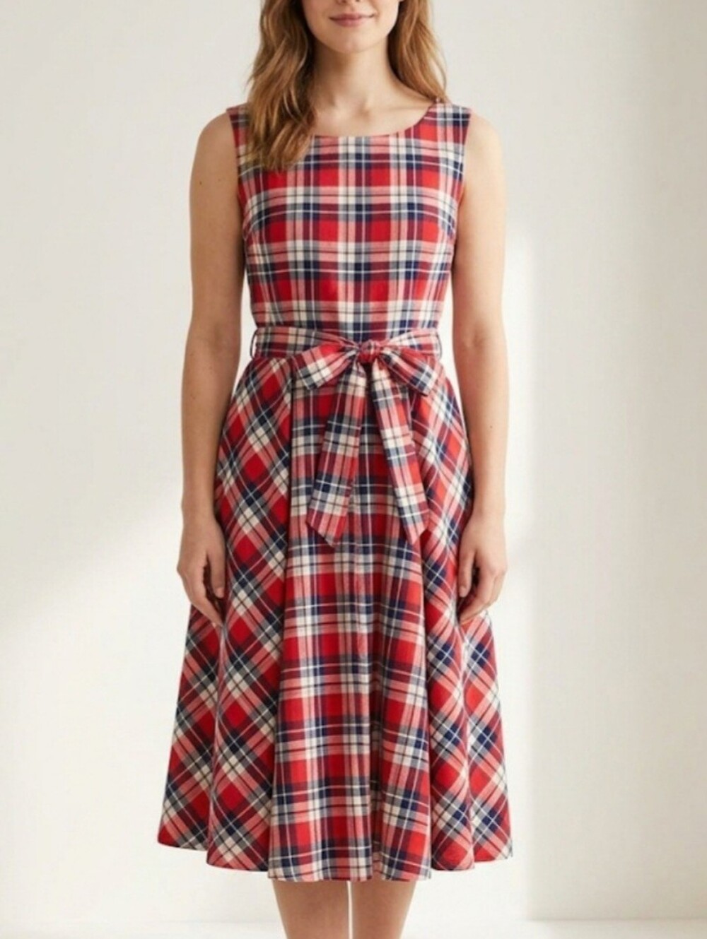 Red Plaid Sleeveless Fit-and-Flare Dress with Waist Tie Size XL